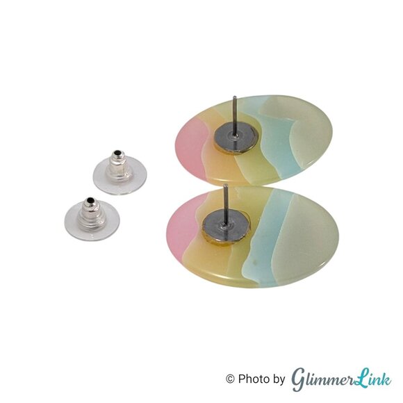 Vintage Lucite Pastel Stripe Oval Earrings 1980s Pink Yellow Green Blue - Picture 7 of 8